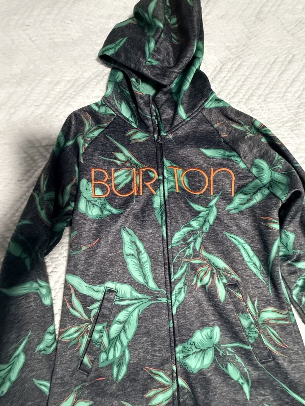 Burton Durable Goods HoodieGray with Green Tropical Leaf Print Sz Lg